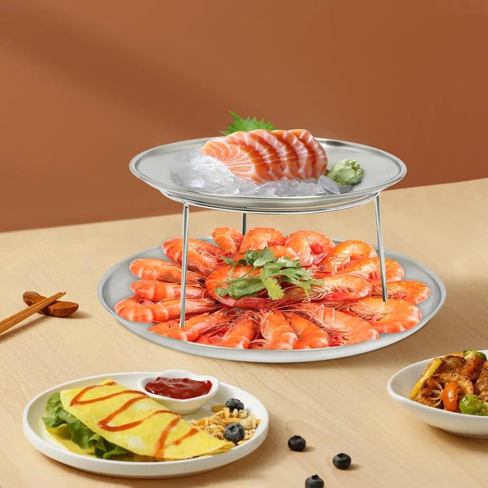 Torre de mariscos plateada de 2 niveles, acero inoxidable, doble capa, bandeja redonda para servir para fiestas, aperitivos, postres y entretenimiento