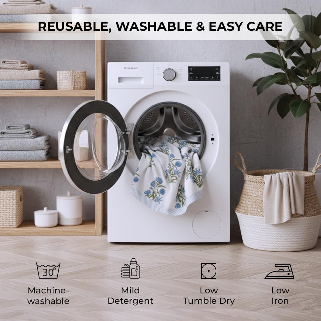 Floral Round Tablecloth, Blue & Green Hand Block Printed Cotton with Striped Border, Handmade Dining Table Cover (60 Inch Round Seats 4)