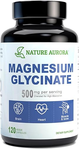 Glicinato de magnesio 500 mg, quelado y purificado, suplemento de magnesio de alta absorción para músculos, huesos, soporte cardíaco, sin gluten,