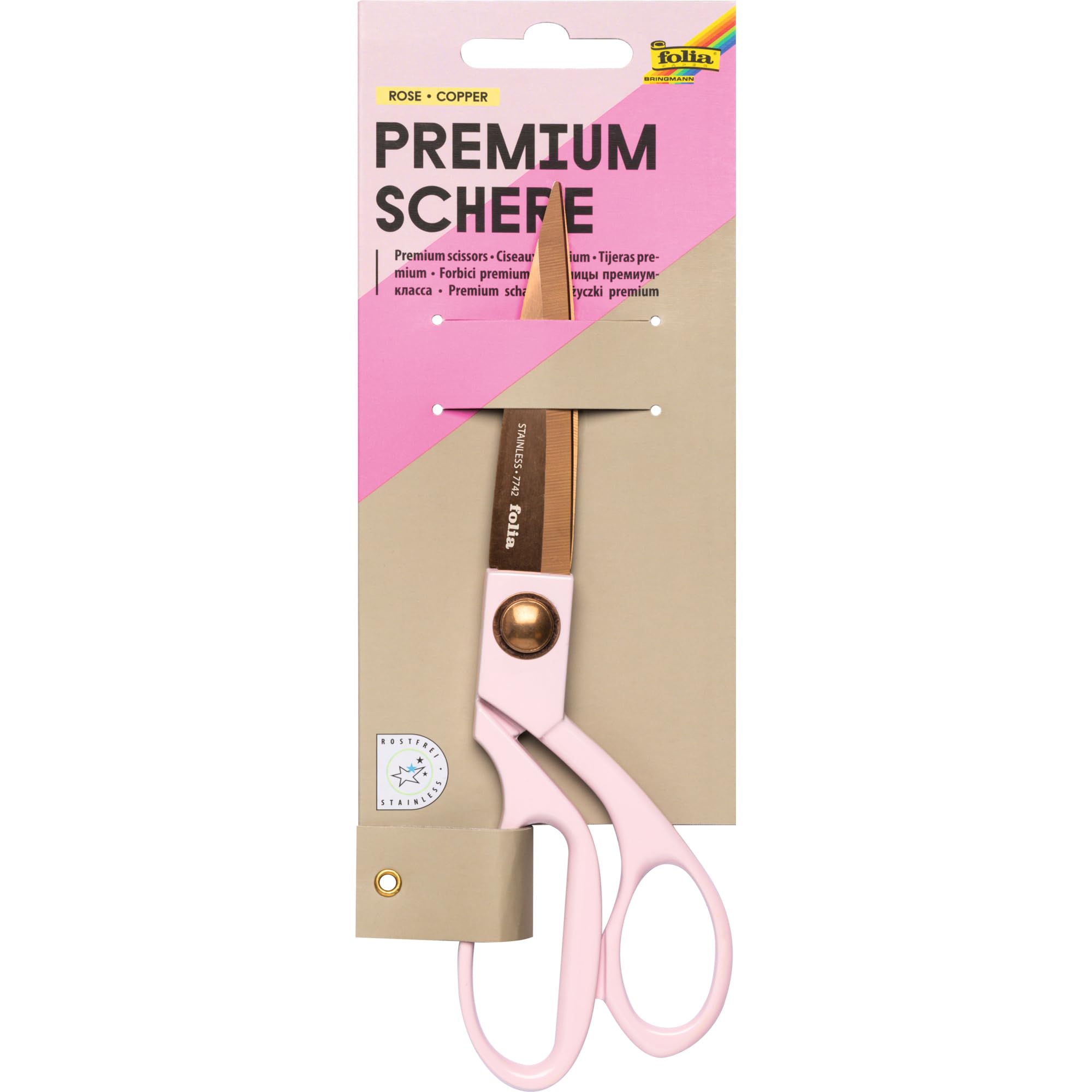 Folia Premium Rose Gold & Pink Scissors, Modern Style, 20cm Long, Right Handed, Stainless Steel Blade, Ideal for Paper, Cardboard, Fabric, Plants, Wool, etc.