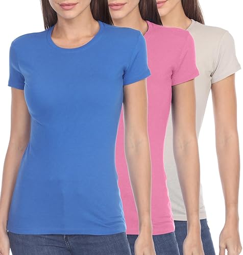 Pimatee Camisas de manga corta para mujer, 100% algodón, 3 piezas, ajuste delgado, básico, cuello redondo, peso ligero, tela suave