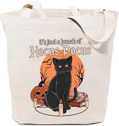 Miniatura 1 de Bolsa de lona con texto en inglés "It's Just A Bunch Of Hocus Pocus para mujeres" de Halloween, diseño de gato negro, reutilizable, bolsas de compras