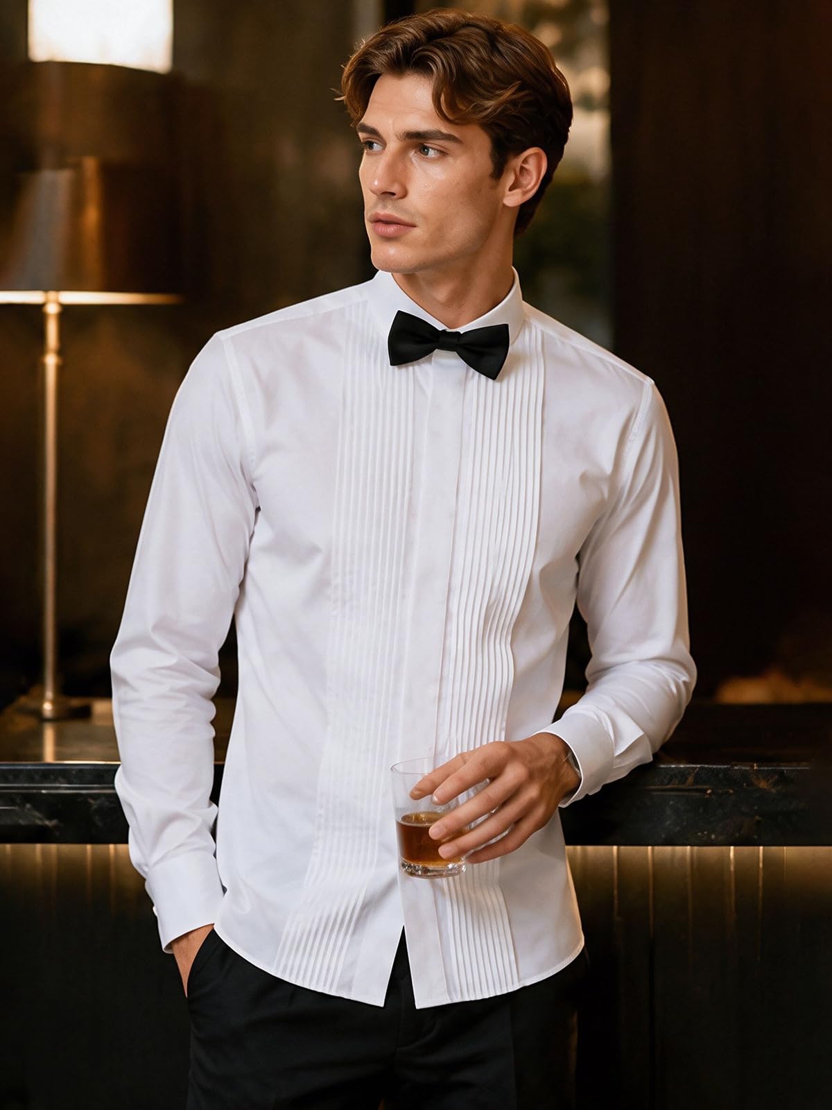 Herren-Smokinghemd, Flügelkragen, Frontfalte, französische Manschetten mit 2 Fliegen, Button-Down-Shirt