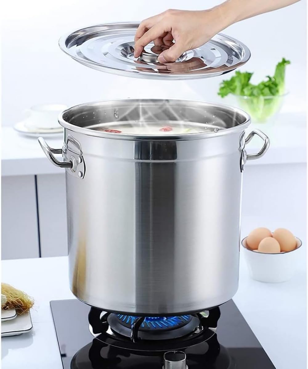 Olla grande de acero inoxidable con tapa, parte inferior compuesta, sartén profunda para hervir sopa, juego de ollas de cocina, color único, 30 x 30 cm (25 L)