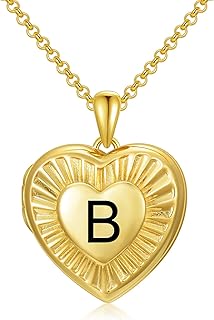 SOULMEET 10K 14K 18K Solid Yellow Gold/Plated Gold Locket Radiation Initial Heart Locket Necklace That Holds Pictures Personalized Photo Locket Necklace Alphabet A-Z