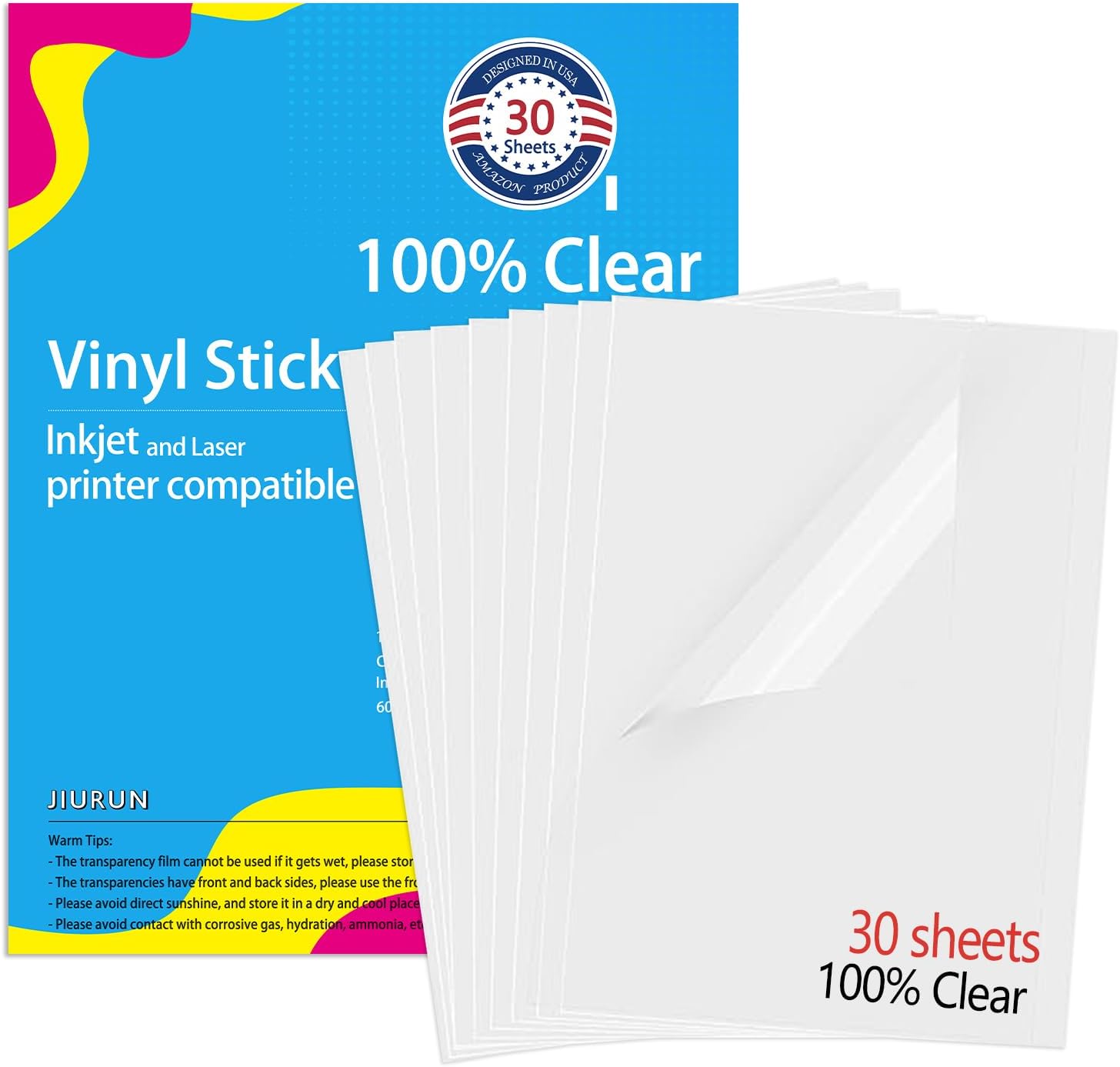 Premium Printable Vinyl Sticker Paper for Inkjet & Laser Printer, 100% Transparent 30 Clear Self-Adhesive Sheets, No-Waterproof, Drying Quick Vivid Colors Decal Paper
