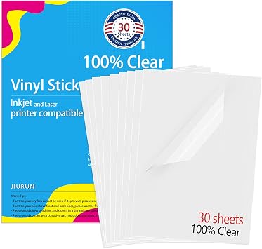 Premium Printable Vinyl Sticker Paper for Inkjet & Laser Printer, 100% Transparent 30 Clear Self-Adhesive Sheets, No-Waterproof, Drying Quick Vivid Colors Decal Paper