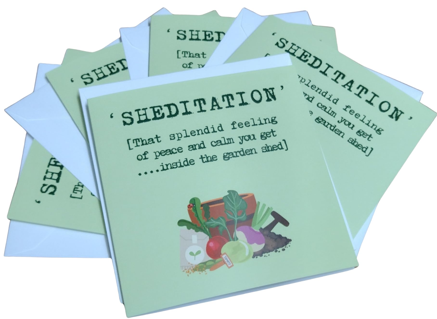 Note Card Pack of 5. Caption Reads: 'Sheditation, that splendid feeling of peace & calm you get..inside the garden shed'. Colour: Spring Green. 300gsm Card. - Image 3