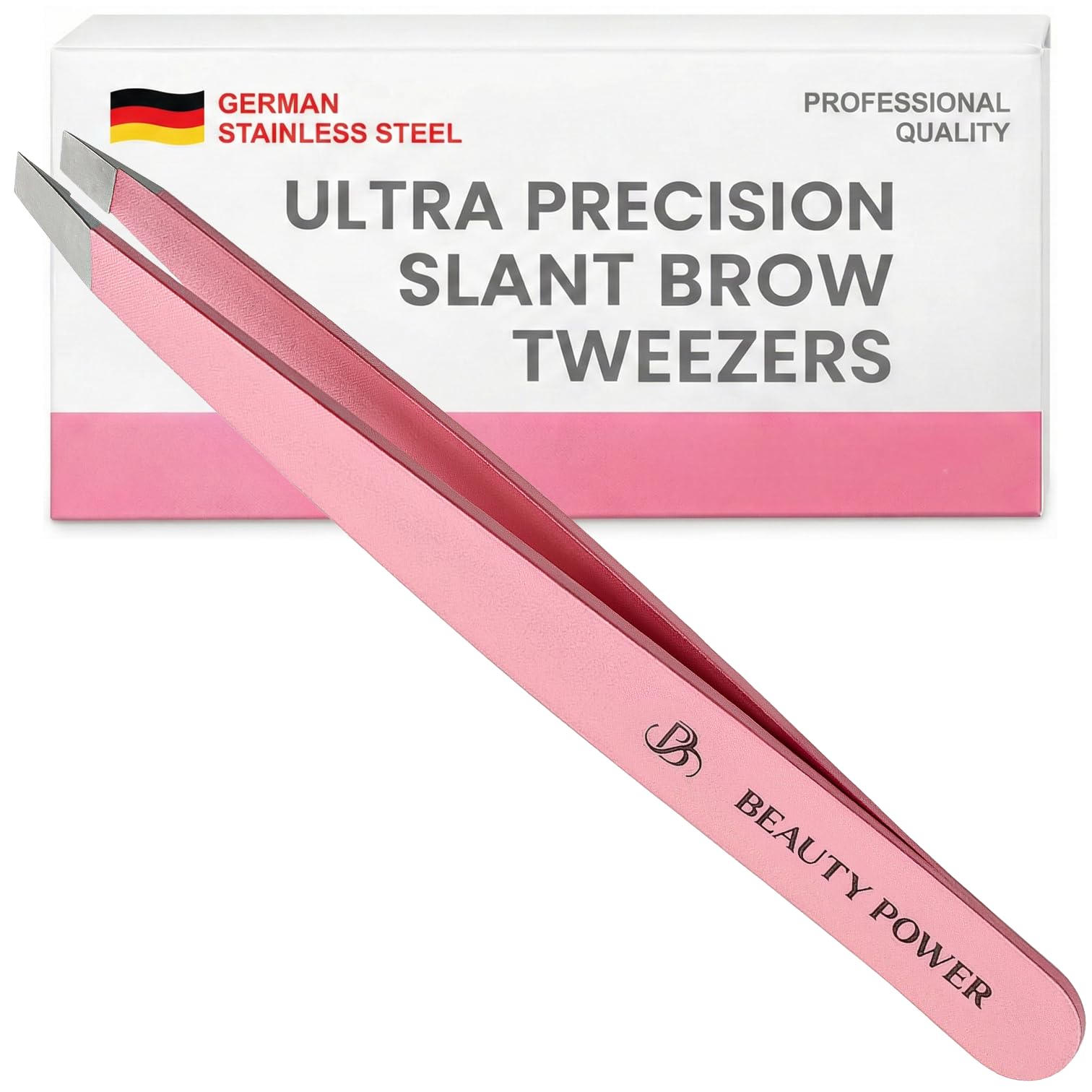 Beauty Power Tweezers for Women Facial Hair: Ultra Precision Tweezers for Women &amp; Men, Sharp Slant Tweezer for Eyebrows, Ingrown Hair Removal. Professional Plucker, German Stainless Steel (Pink)