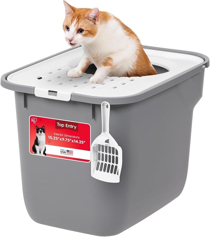 Caixa de Areia para Gatos com Entrada Superior e Tampa, Plástico, IRIS USA, Cinza