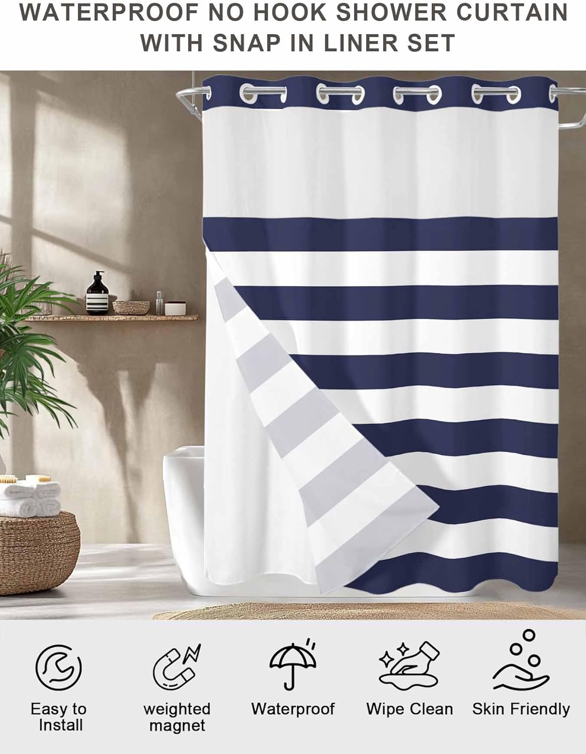 Chic D No Hook Shower Curtain with Snap in Liner Nautical Stripe Waterproof Shower Curtains with See Through Mesh Top Window Fabric Liner Set for Bathroom, Navy Blue Striped 72x72 Inches