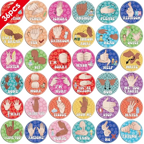 ASL Classroom Hand Signal Cards - 36 Classroom Hand Signal Decor Sign Language Posters for Teachers Students Visual Cues (Retro Groovy)
