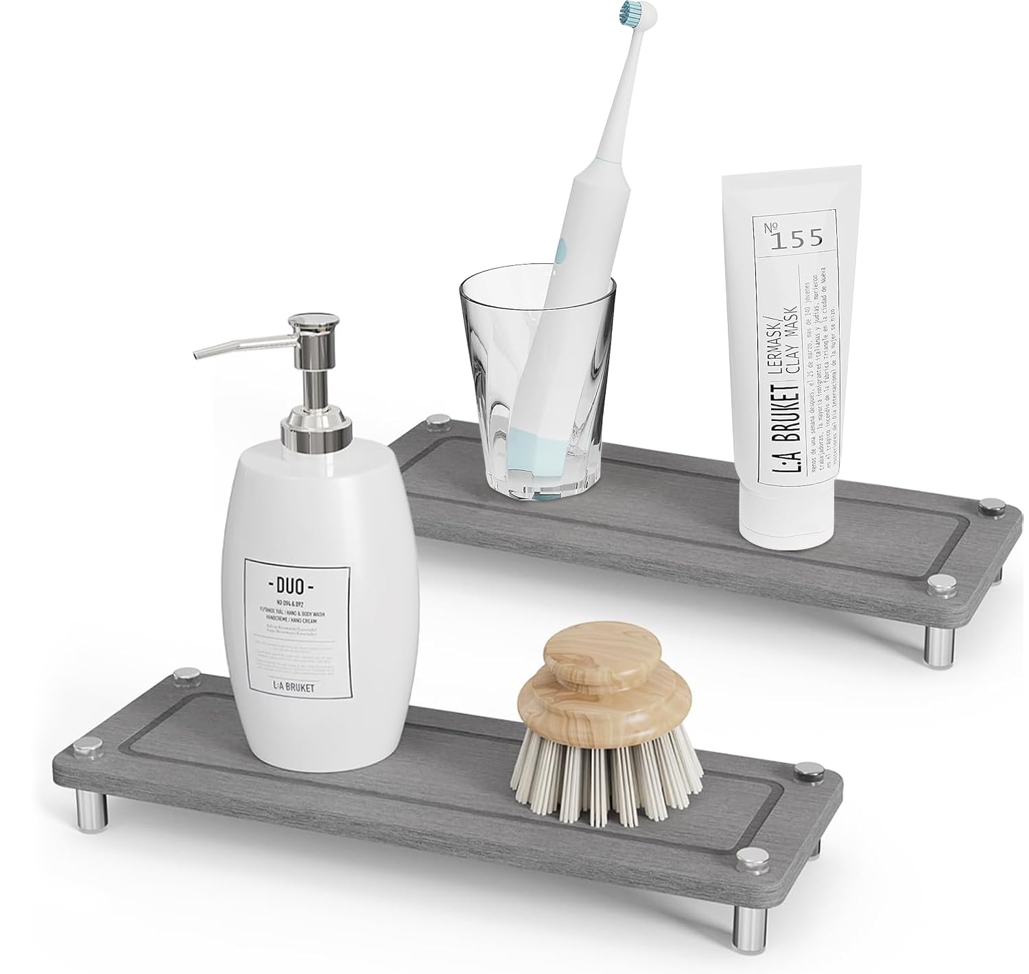 2 Pack Kitchen Sink Caddy Water Absorbing Stone Tray for Sink, Diatomite Bathroom Countertop Tray Organizer, Faucet Stone Drying Mat Coaster Soap Dish Sponge Dispenser Holder (Grey)