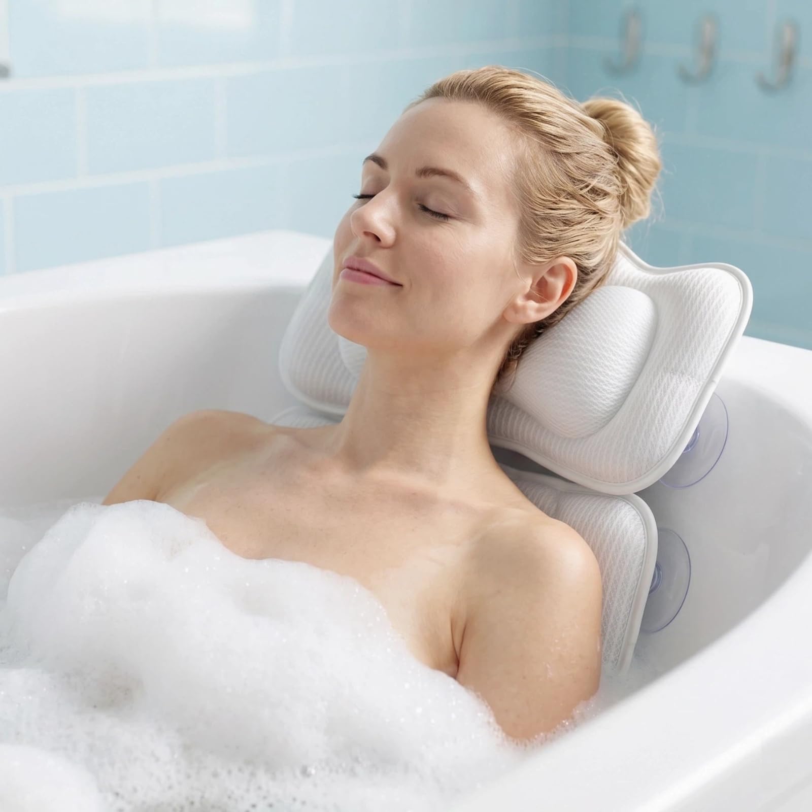 KEIY Bath Pillows for Tub, Ergonomics 2-Piece Design, 4D Air Mesh Technology, Head & Back Support with 8 Suction Cups, Luxury & Relaxing Bathtub Accessories Spa Gifts, White