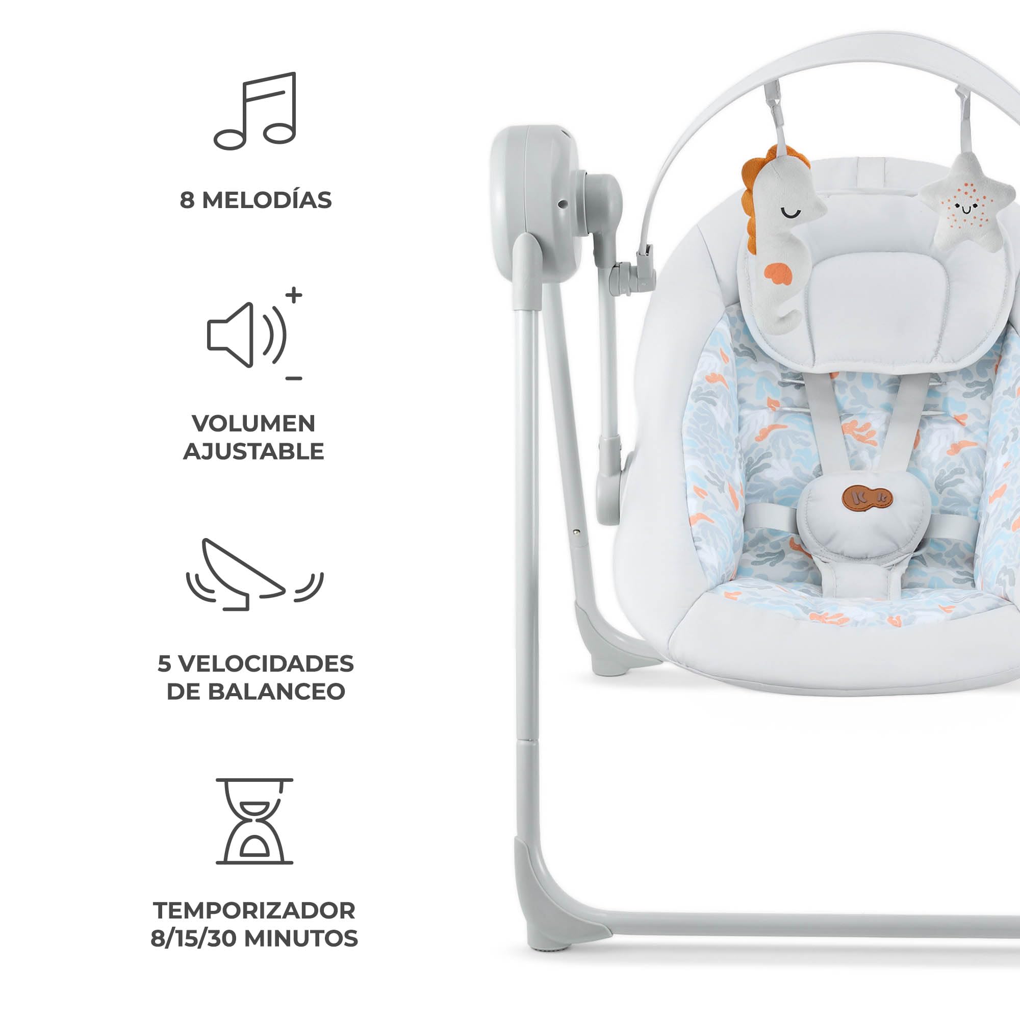 Kinderkraft SWINGEE - Balancín eléctrico para bebé con función oscilante, temporizador integrado, respaldo ajustable, 8 melodías de tranquilidad integradas, ligero y plegable, color gris
