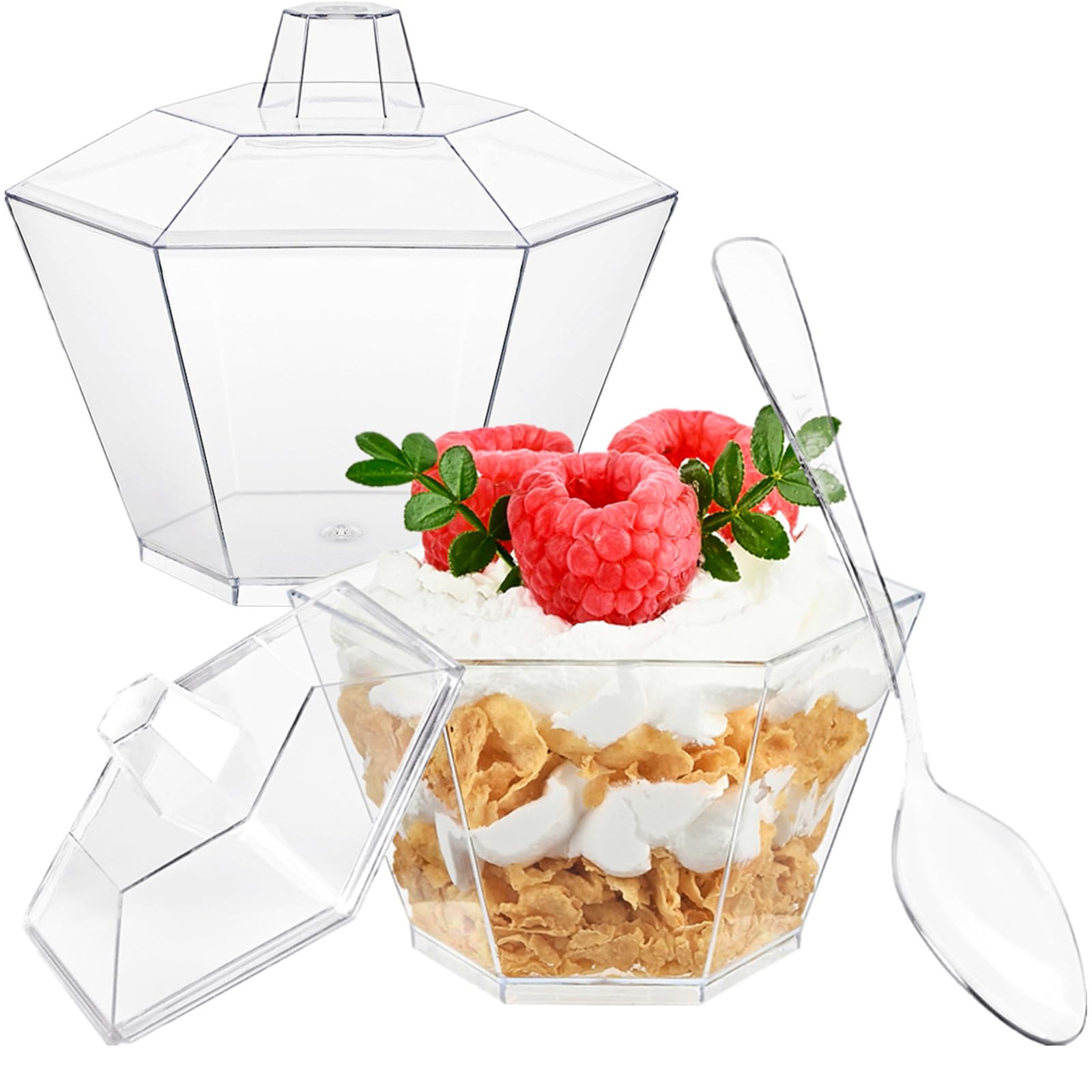 TOFLEN 3.5 oz Mini Dessert Cups with Lids and Spoons 150 Pcs | Serves 50 | Hexagonal Small Plastic Dessert Cups for Parfait, Cake, Mousse, Appetizers, Jello Shot and Puddings