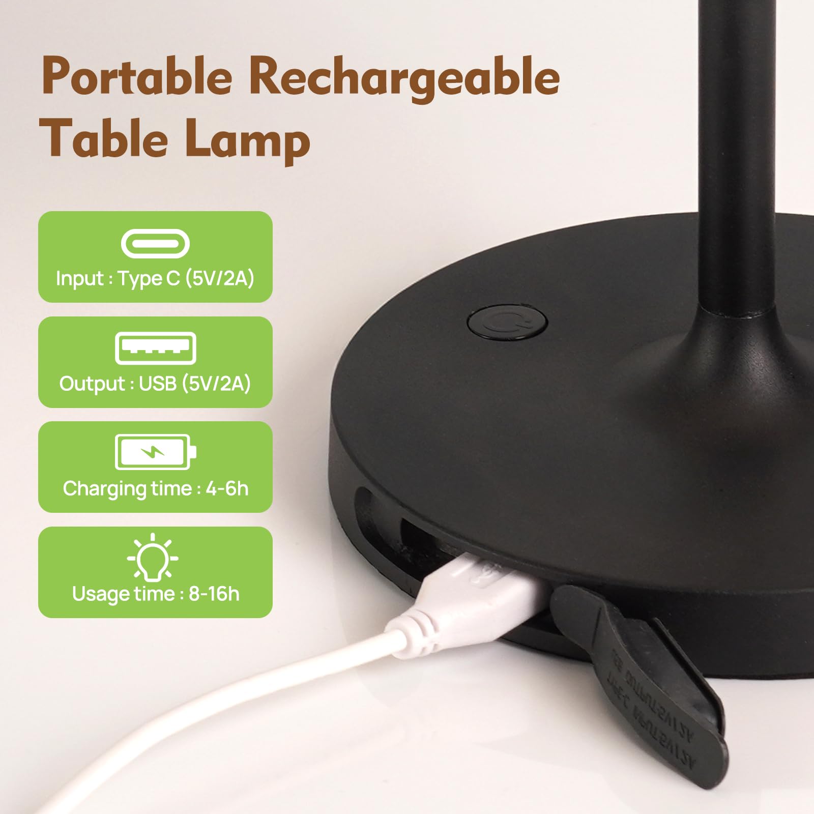 Tischlampe Kabellos，Dimmbar Nachttischlampe Touch，Akku Tischleuchte Kabellos，LED Tischlampe mit kugelförmigem Lampenschirm, geeignet für Schlafzimmer Wohnzimmer und Außenbereich – Schwarz