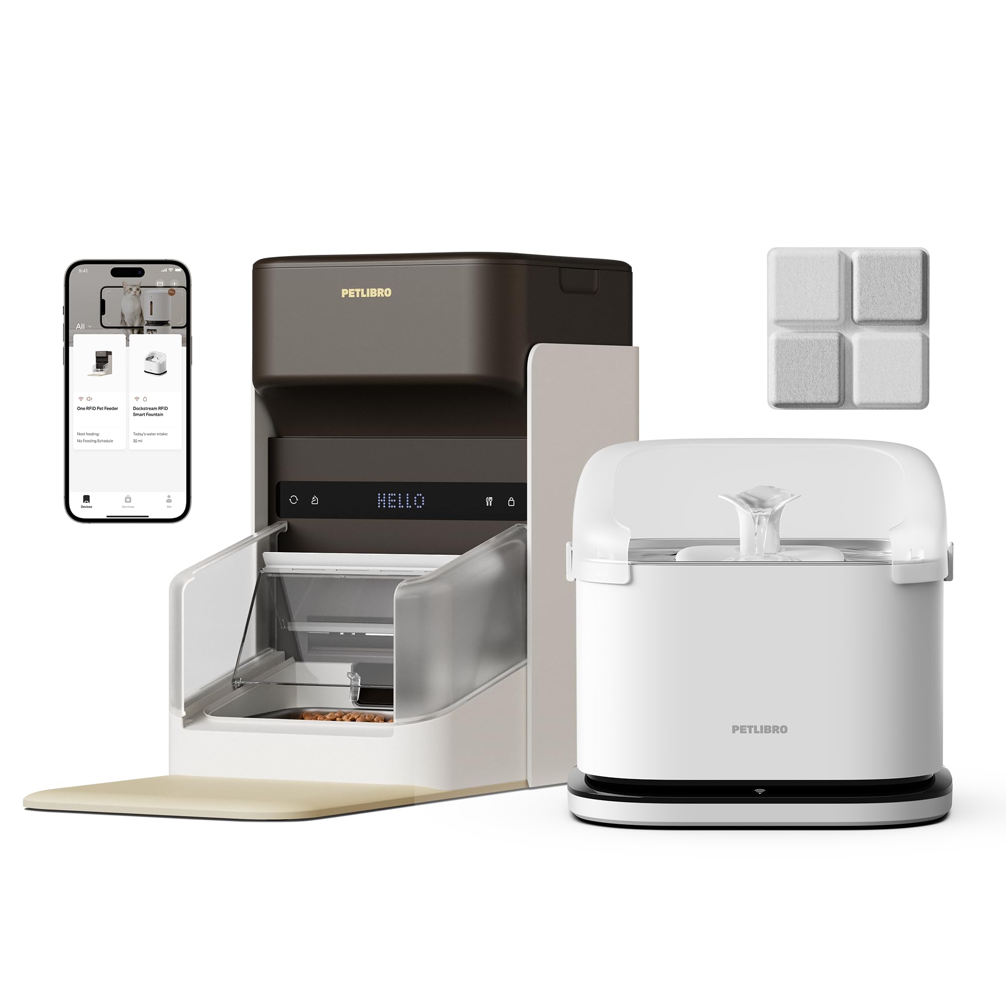 PETLIBRO Upgraded RFID Automatic Cat Feeder + Smart App Monitoring Cat Water Fountain + 6 Packs Pet Food Desiccant Bags