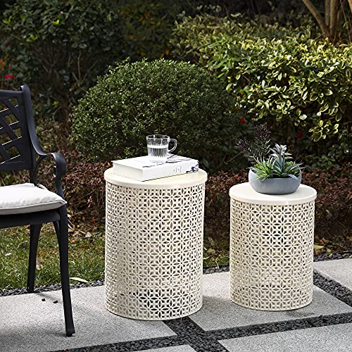 Glitzhome Nesting Side Table Set Of 2 Decorative Garden Stools For Indoor Outdoor Heavy Duty Metal Frame Side Table Modern End Table, Cream White #TOP6