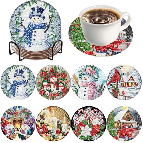 Xanthelle Diamond Painting Natale, Set di 8 sottobicchieri con Diamanti con Supporto, Fai-da-Te per Bambini