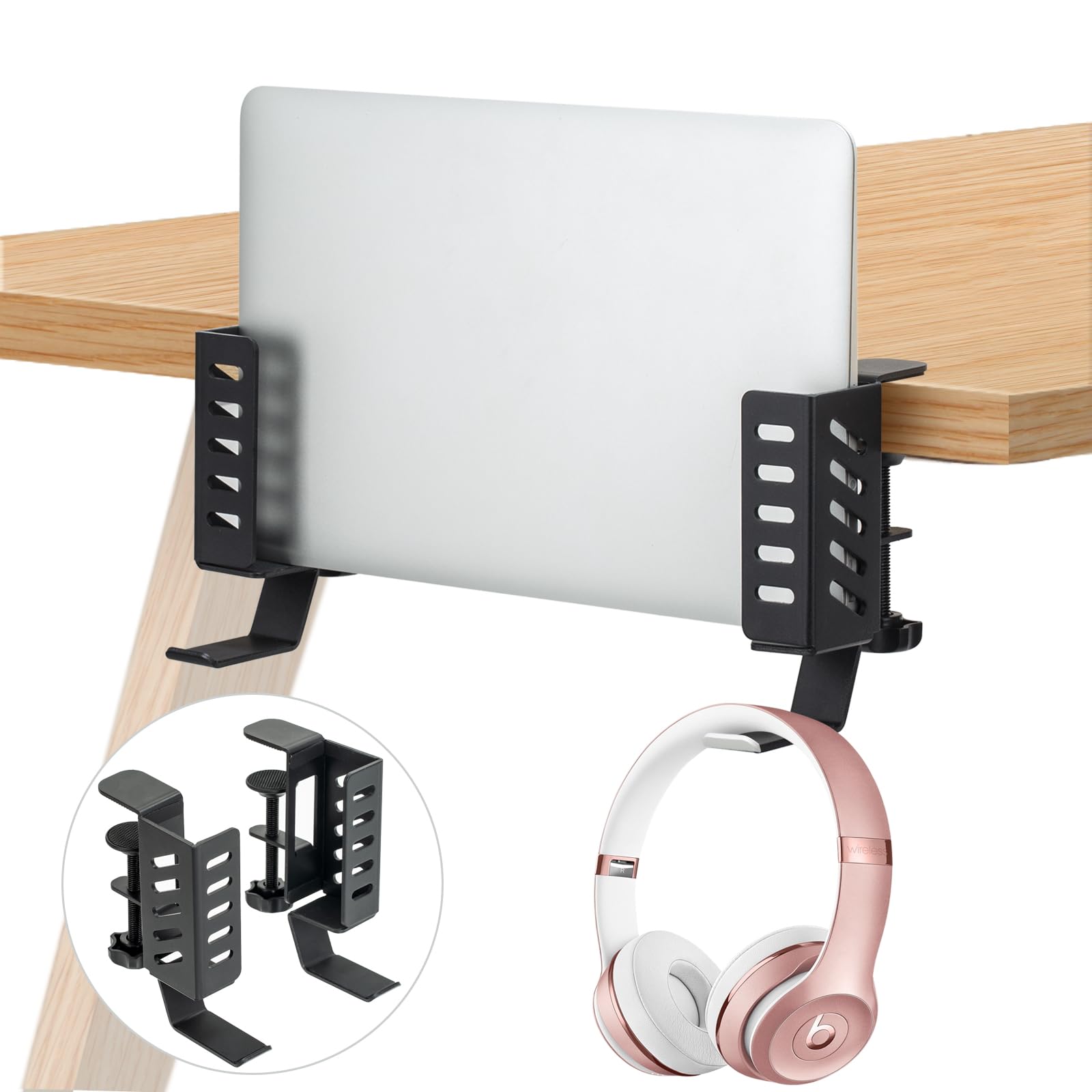 FEIKU Desk Side Vertical Laptop Stand,No Drill Laptop Desktop Mount,Hanging Laptop Holder for Desk Side,Clamp on Desk Side Storage Organizer for Laptops/Book/Keyboards/Headphone/Backpack Black