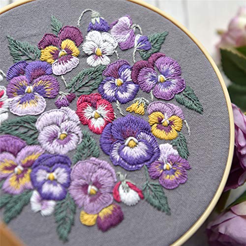 KISSBUTY Full Range of Embroidery Kit with Pattern, Cross Stitch Kit Including Embroidery Fabric with Floral Pattern, Bamboo Embroidery Hoop, Color Threads and Tools Kit (Viola Cornuta Flowers)