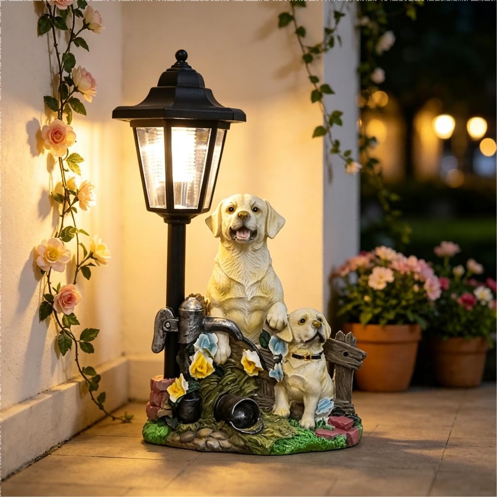 Estatua solar de perro, mascota de resina resistente a la intemperie para escultura para luz integrada, adorno decorativo de jardín para patio y césped
