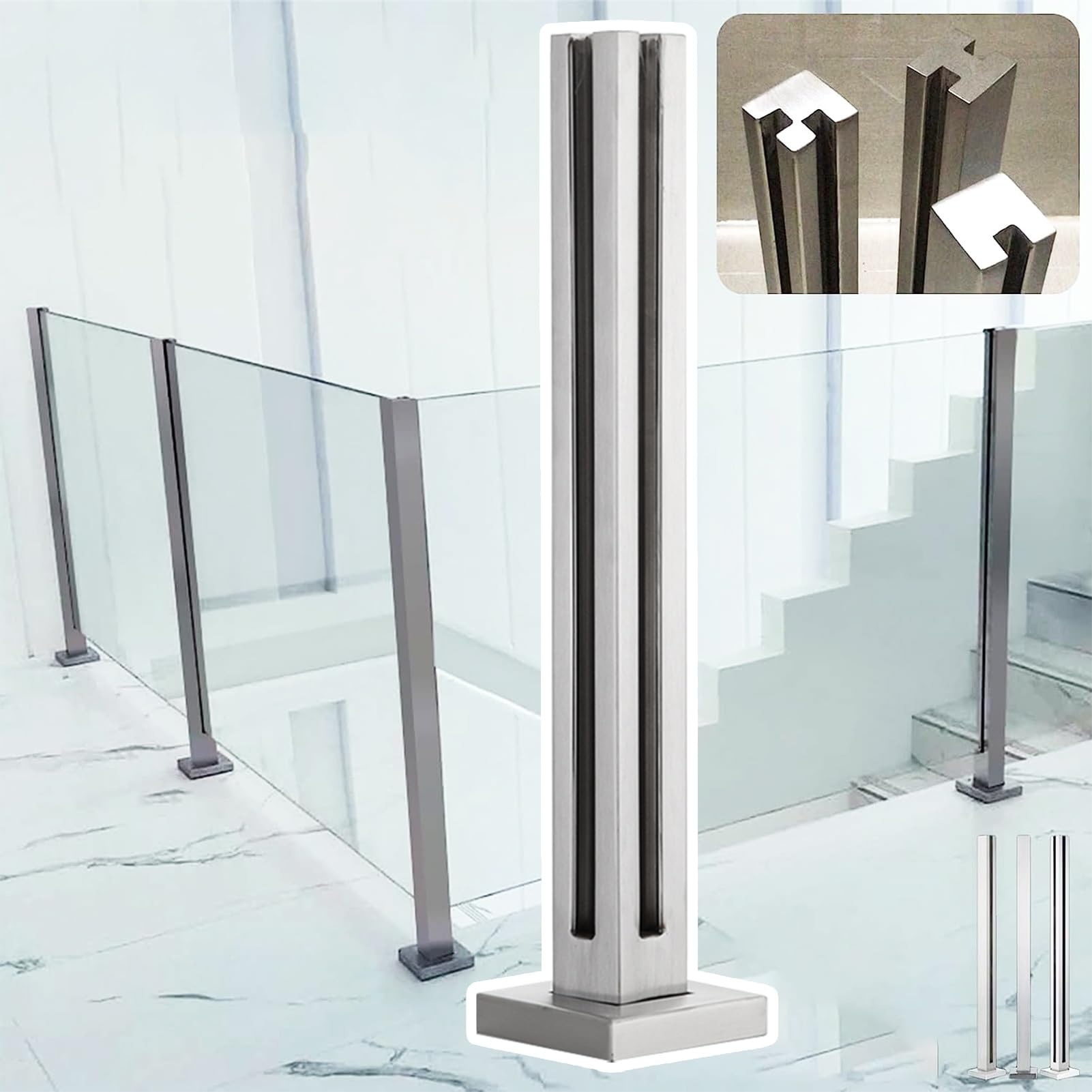 Garde-corps en verre de sécurité antichute avec poteau d'angle argenté carré