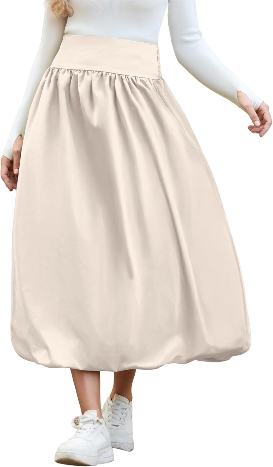 Women's Bubble Long Skirt Elastic Waist A-Line Pleated Ruffle Flowy Balloon Maxi Skirts with Pockets - Image 2