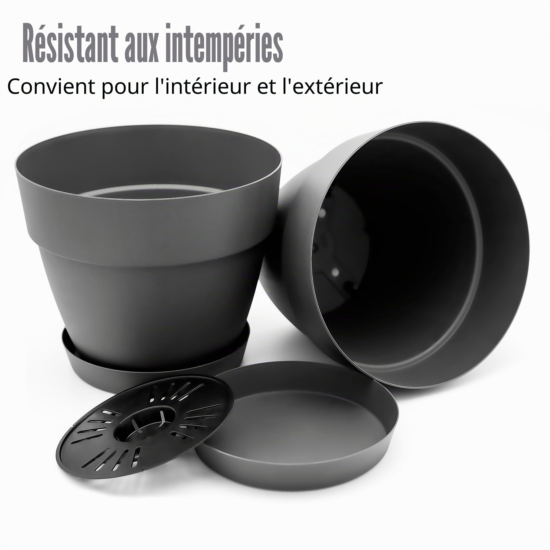 BigDean Lot de 3 pots de fleurs ronds avec soucoupe, diamètre 47 cm, anthracite, cache-pot pour l'intérieur et l'extérieur, en plastique incassable et fabriqué en Europe