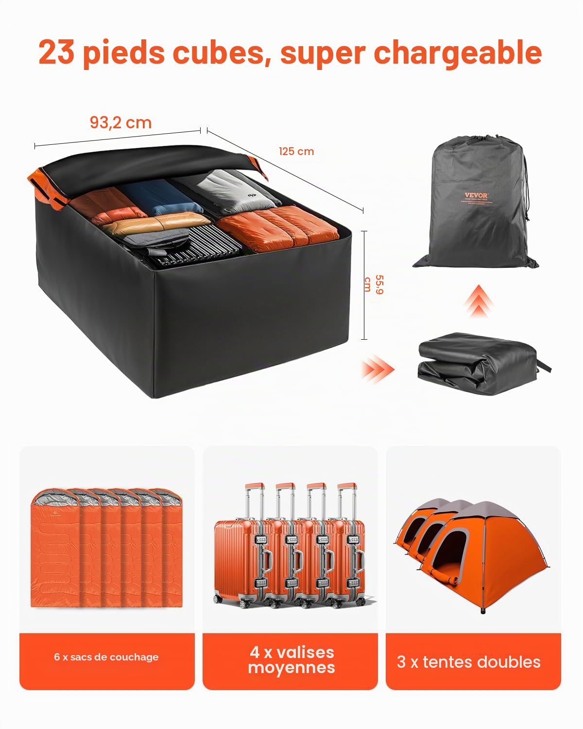 VEVOR Sac de Toit de Voiture 651 L, Coffre de Toit Étanche en PVC 840D Robuste, Sac Porte-bagages avec Serrure, Tapis Antidérapant et 6 Crochets, Installation Rapide et Facile, pour Tous les Véhicules