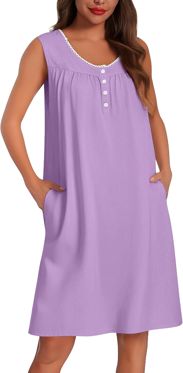 Ekouaer Cotton Nightgowns for Women Tank Sleeveless Night Gowns Lace Button Sleep Dress House Dress with Pockets S-3XL