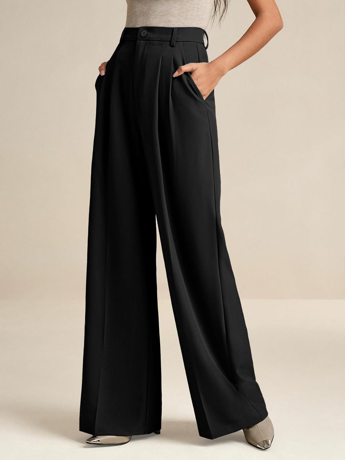 ELLEVEN Women's Casual Wide Leg Dress-Pants, High Elastic Waisted in The Back Business Flowy Trousers with Pockets - Image 2
