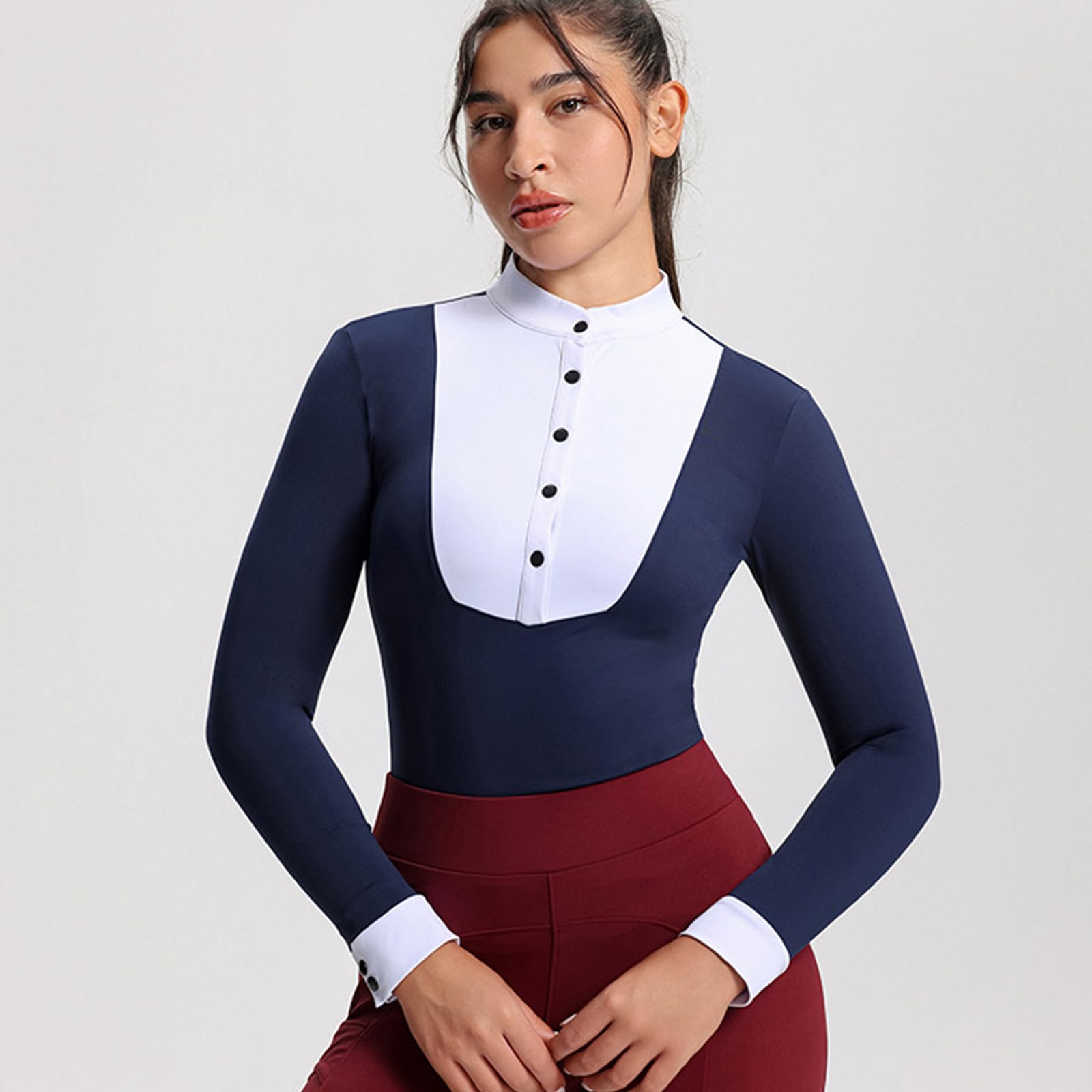 Equestrians Show - Camisa de manga larga plisada con babero para competición, equitación para mujer