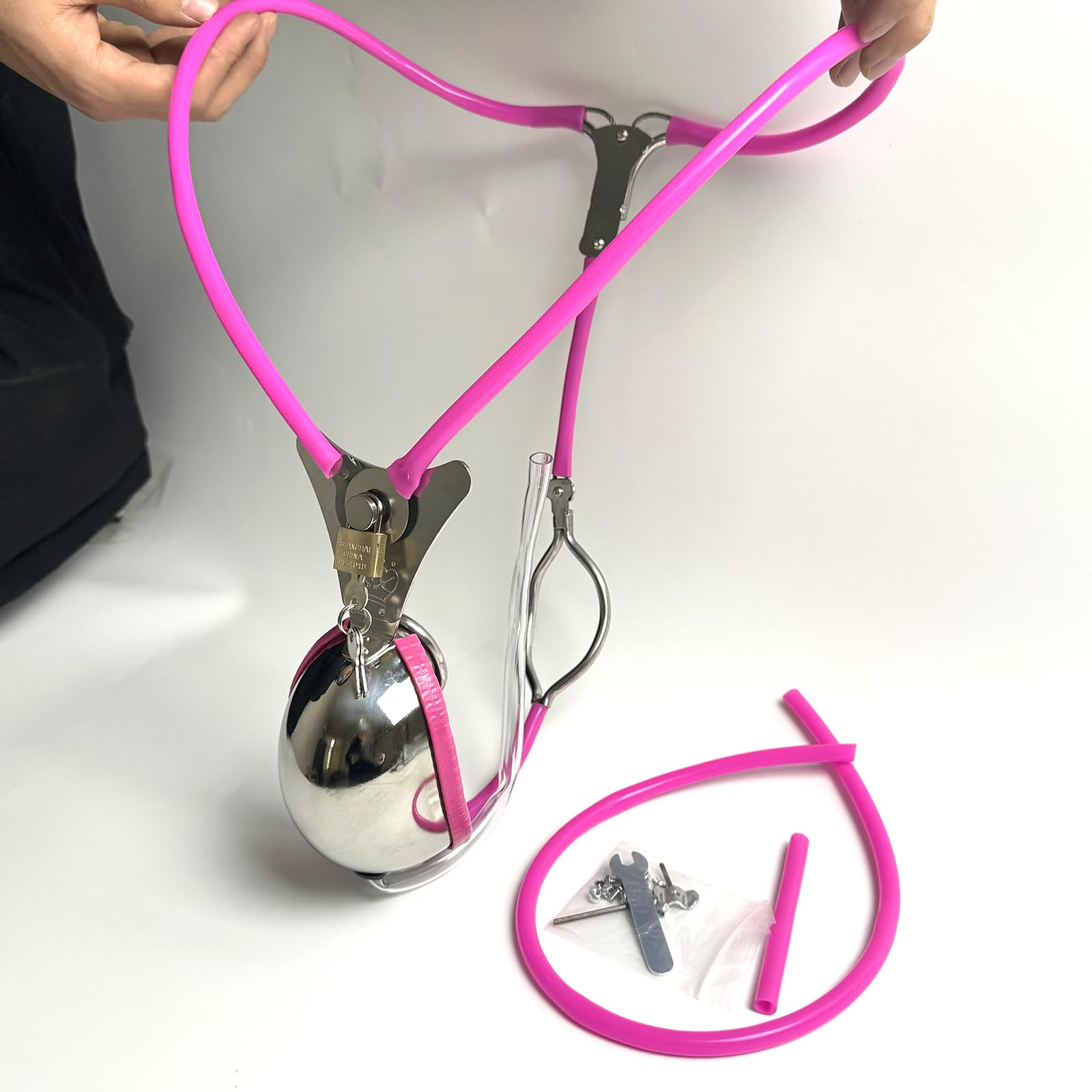 YILUQIFLY Ceinture de chasteté pour homme Acier inoxydable Verrouillable rose 60-90cm Cage à pénis BDSM
