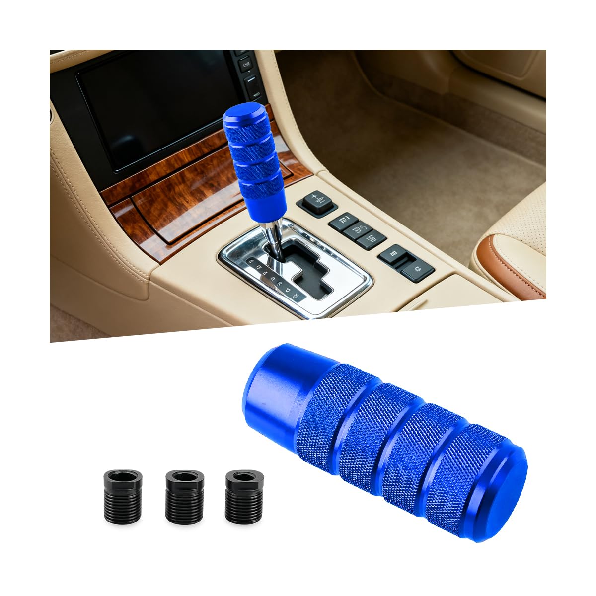 95mm/3.74" Car Shifter Knob, Aluminum Alloy Gear Stick Shifting Lever with 3 Thread Adapters, Non-Slip Auto Shift Handle Head, Universal for Most Manual Automatic Vehicles (Blue)