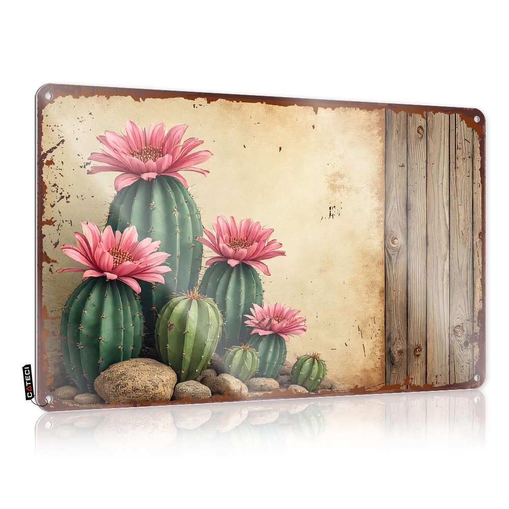 Classy Tin Wall Decor, Teenage Room Decor Soft Bath Cactus With Pink Flowers On Rustic Background. | Farmhouse Restaurant Decor(30X40CM)