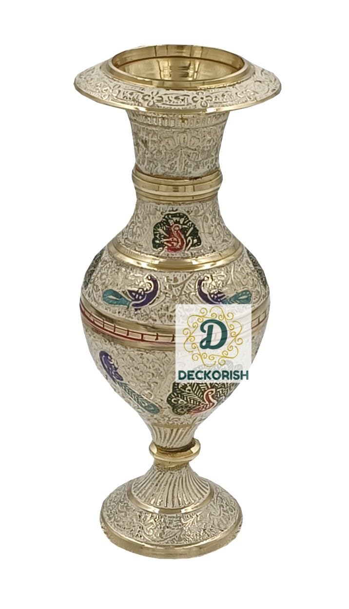 DECKORISH Antique Hand Crafted Kashmiri Glass Pattern Brass Decorative Flower Vase for Living Room 17 CM White-image-23