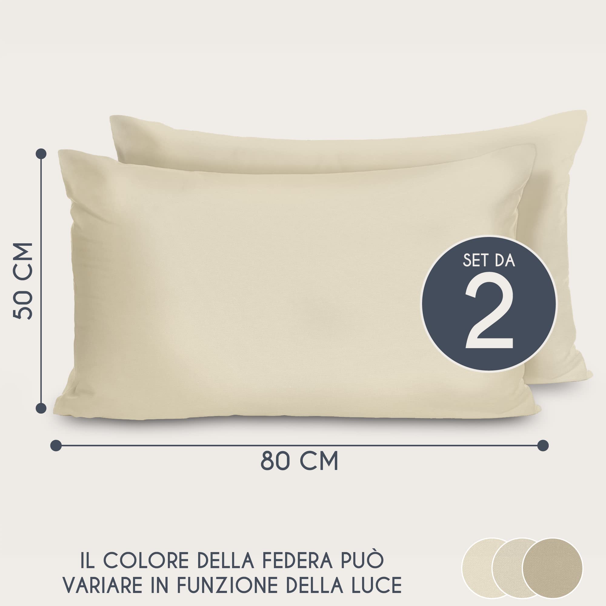 Federe 50x80 Cotone Rinforzato (Set da 2) - Beige - Trama Fitta a 57 Fili/cm² - Federe Cuscini 50x80 cm - Federe Cuscino 50x80 Certificate Oeko Tex - Dreamzie