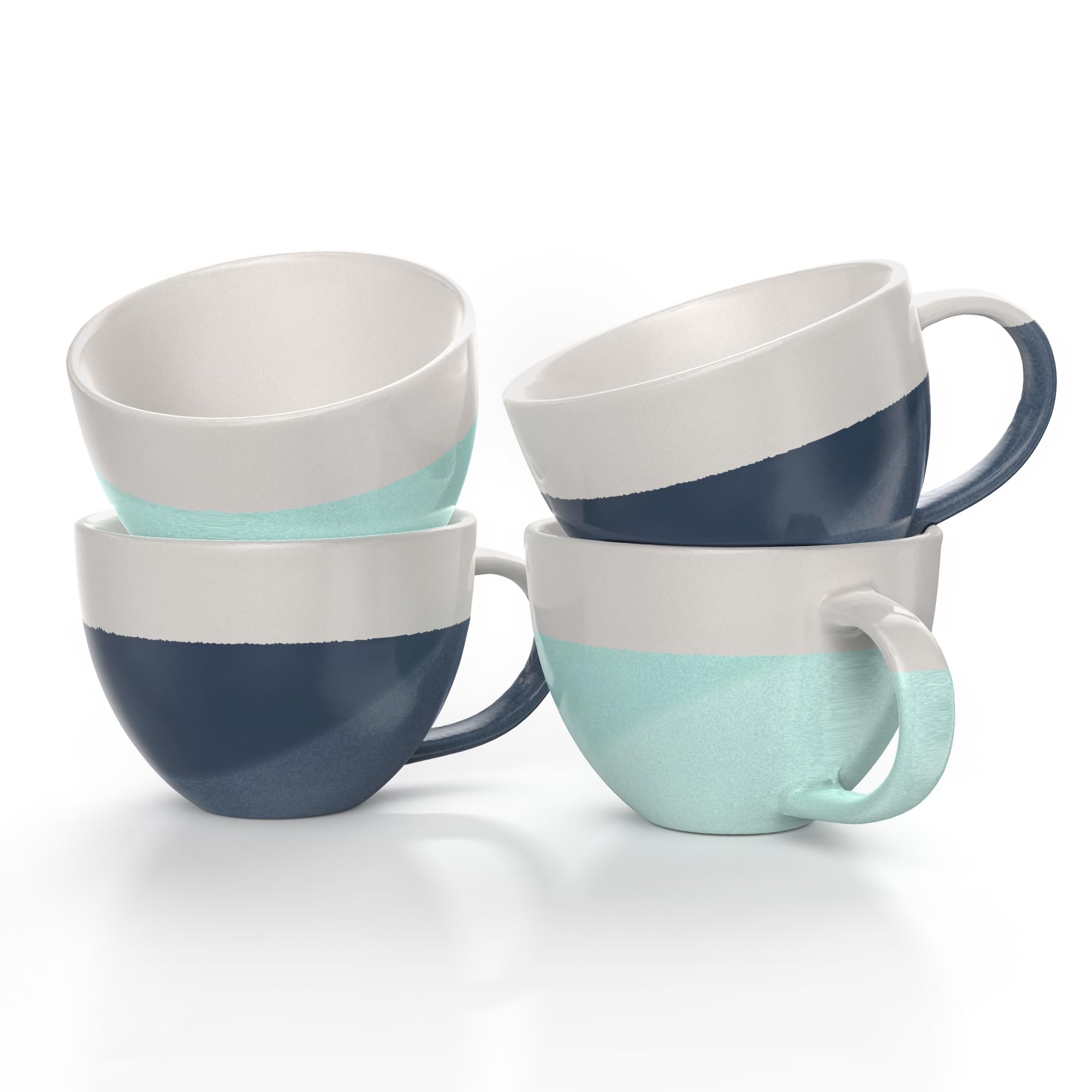 Set of 4 Oversized 16oz Wide-mouth Soup & Cereal Ceramic Coffee Mugs (Blue and White), Bowls For Soup, Cocoa, Latte and More. Dishwasher and Microwave Safe.
