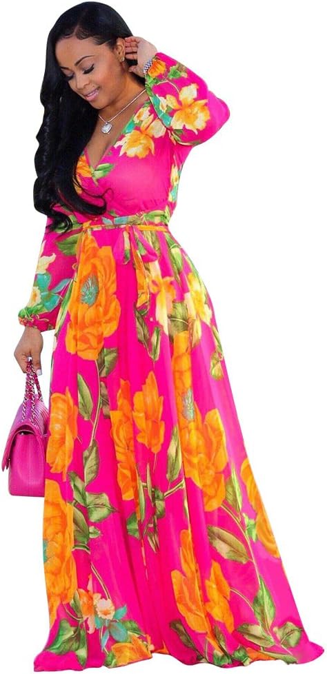 NuofengkuduWomens Chiffon Deep V-Neck Stripe Printed Maxi Dress Unique Loose Summer Boho Dresses High Waiste(S-5XL)