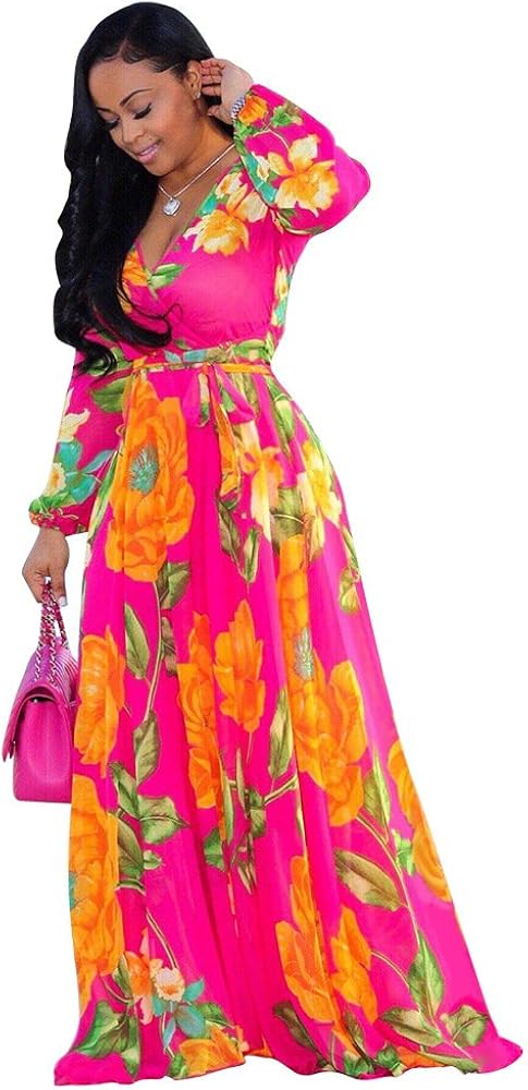 Nuofengkudu - Maxivestido de chifón estampado y a rayas con cuello en V profundo para mujer vestido de corte holgado estilo bohemio de verano