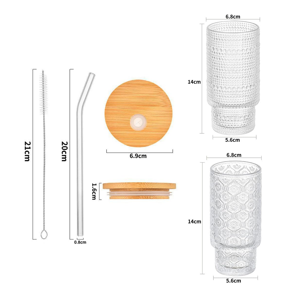 Lot de 4 gobelets empilables en verre texturé avec couvercles et pailles en bambou, 320 ml - Tasses à café glacé réutilisables pour cuisine/fête/maison, peu encombrant
