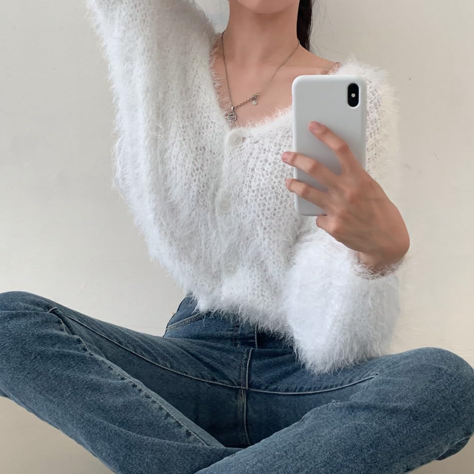 Image of Mohair Cardigan for Women - Fuzzy Open Front Oversized Faux Fur Coquette Sweater