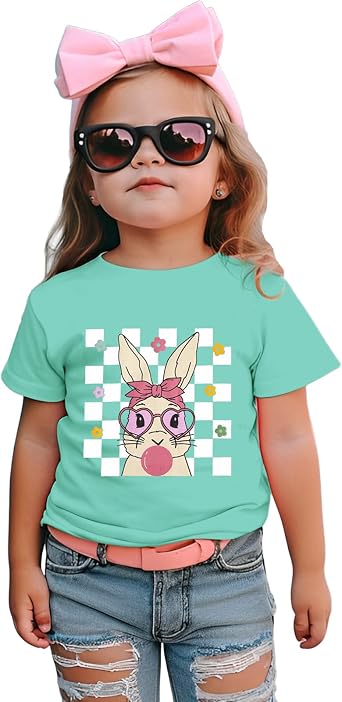 GLIGLITTR Toddler Girls Easter Shirt Cute Bunny Tshirt Rabbit Blowing Bubble Happy Easter Outfits Baby Short Sleeve Tee Tops