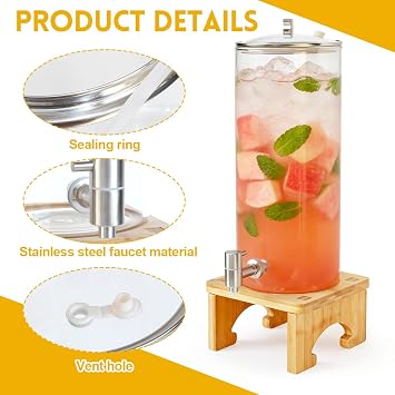 7L Beverage Dispenser with Stand Glass Drinks Dispenser with Solid Stainless Steel Spigot for Iced Juices Water Homemade Drinks Parties Weddings