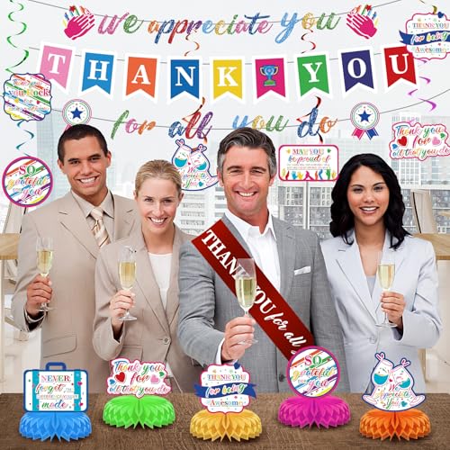 Image of We Appreciate You Decorations Colorful Thank You for All You Do Banner Honeycomb Centerpieces Hanging Swirls Employee Staff Appreciation Gifts Pastor Teacher Doctor Retirement Appreciation Party Decor