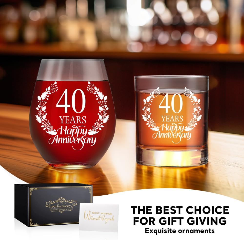 Perfectinsoy 40 Years Happy Anniversary Whiskey Glass and Stemless Wine Glass Gift Set, 40th Anniversary Wedding Gift For Mom, Dad, Soulmate, Couple, 40 Years Gifts, Happy 40th Anniversary - Image 6