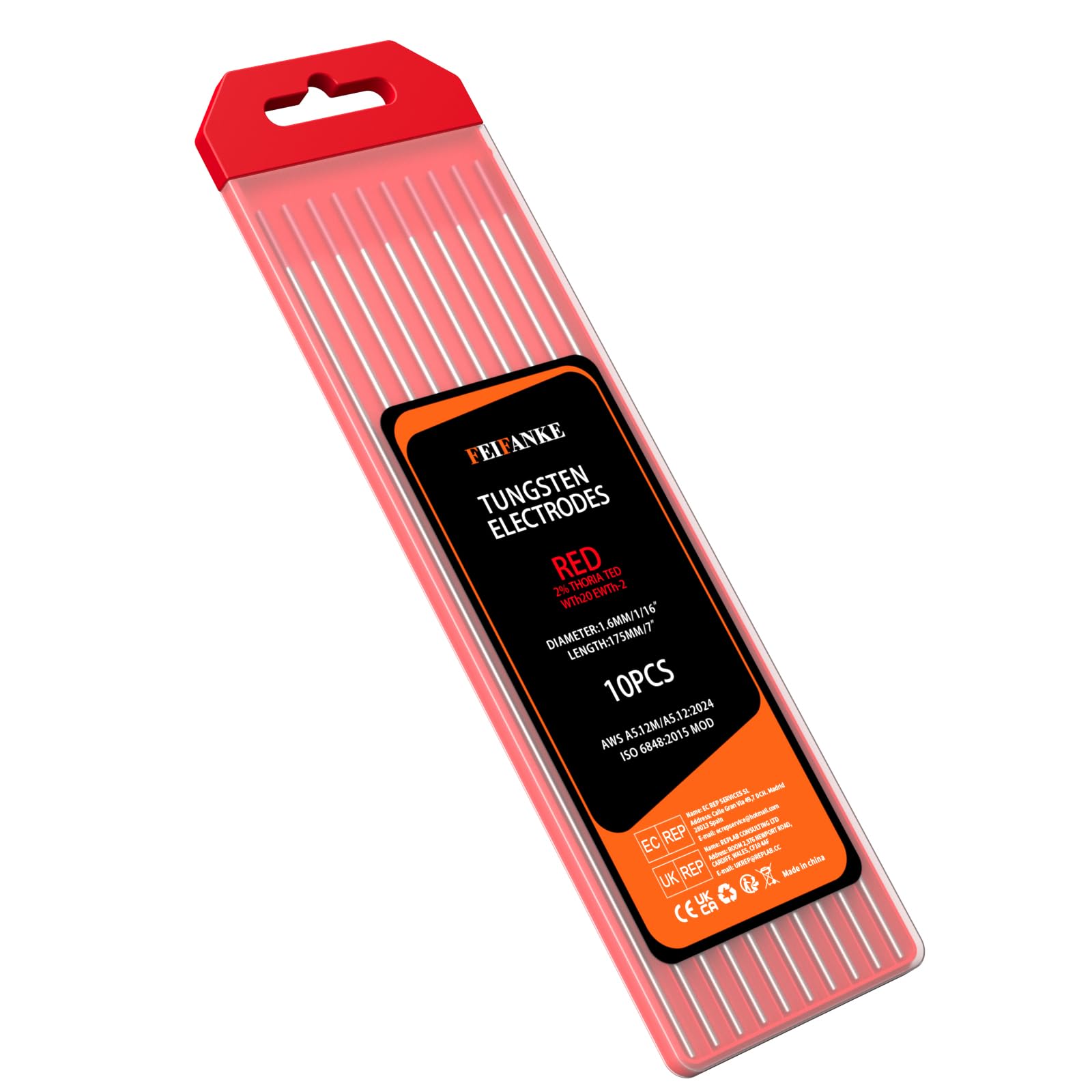 TIG Tungsten, TIG Welding Tungsten Electrode, 10Pcs 1/16'' x 7'', Red 2% Thoriated, WT20/EWTh-2