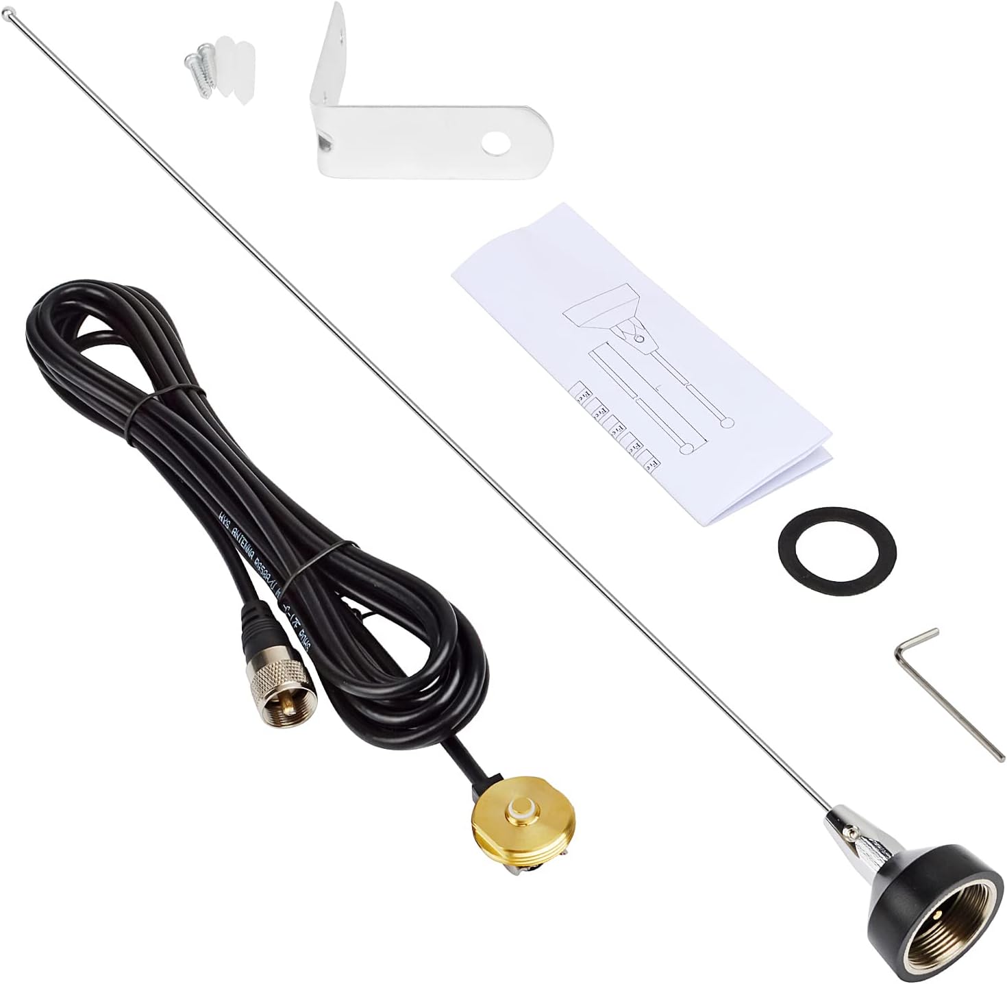 HYS Amateur Mobile NMO Antenna,118-940MHz Tunable Trunk/Hole Mount NMO 24.6inch Antenna W/ 13ft Low-Loss RG58/U coaxial Cable with UHF-Male(PL259), Stainless Steel L Bracket